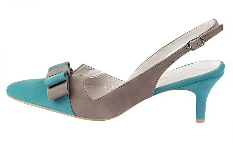 Turquoise blue and bronze beige women's open back shoes, with a knot. Tapered toe. Medium slim heel. Profile view - Florence KOOIJMAN